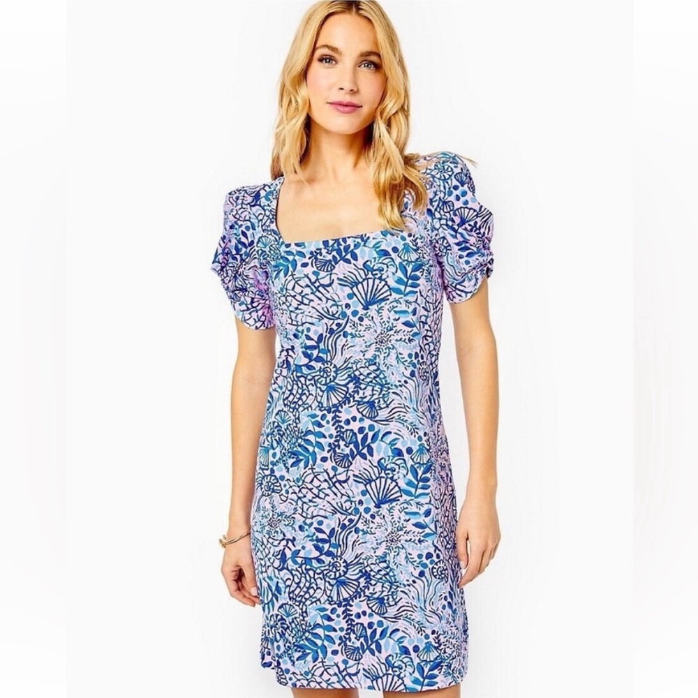 Lilly Pulitzer Blue and Pink Puff Sleeve Cotton Dress t shirt